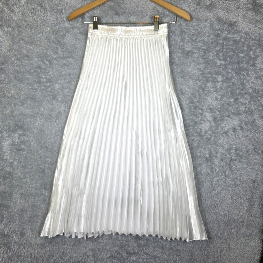 Liquid Satin Bright White Pleated Midi Skirt High Waist Retro Cottagecore Small - Picture 2 of 6